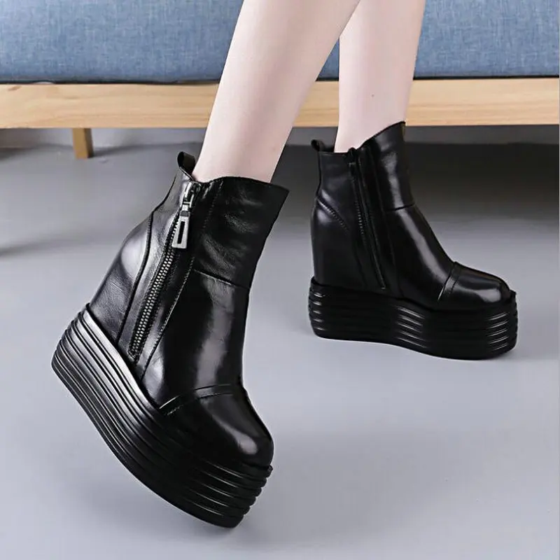 

New high Heel 11CM Genuine leather Boots height increasing platform wedges boots Autumn winte Women ankle snow fur boots UU-55