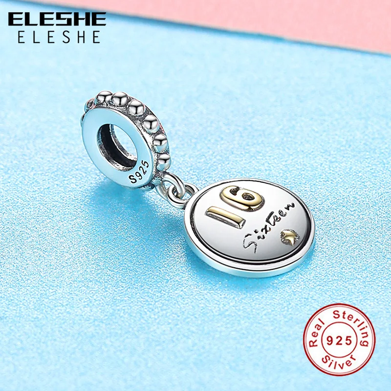 ELESHE Authentic 925 Sterling Silver SIXTEEN Gold Charms Bead Fit Original Pandora Bracelet Necklace DIY Fine Jewelry Making