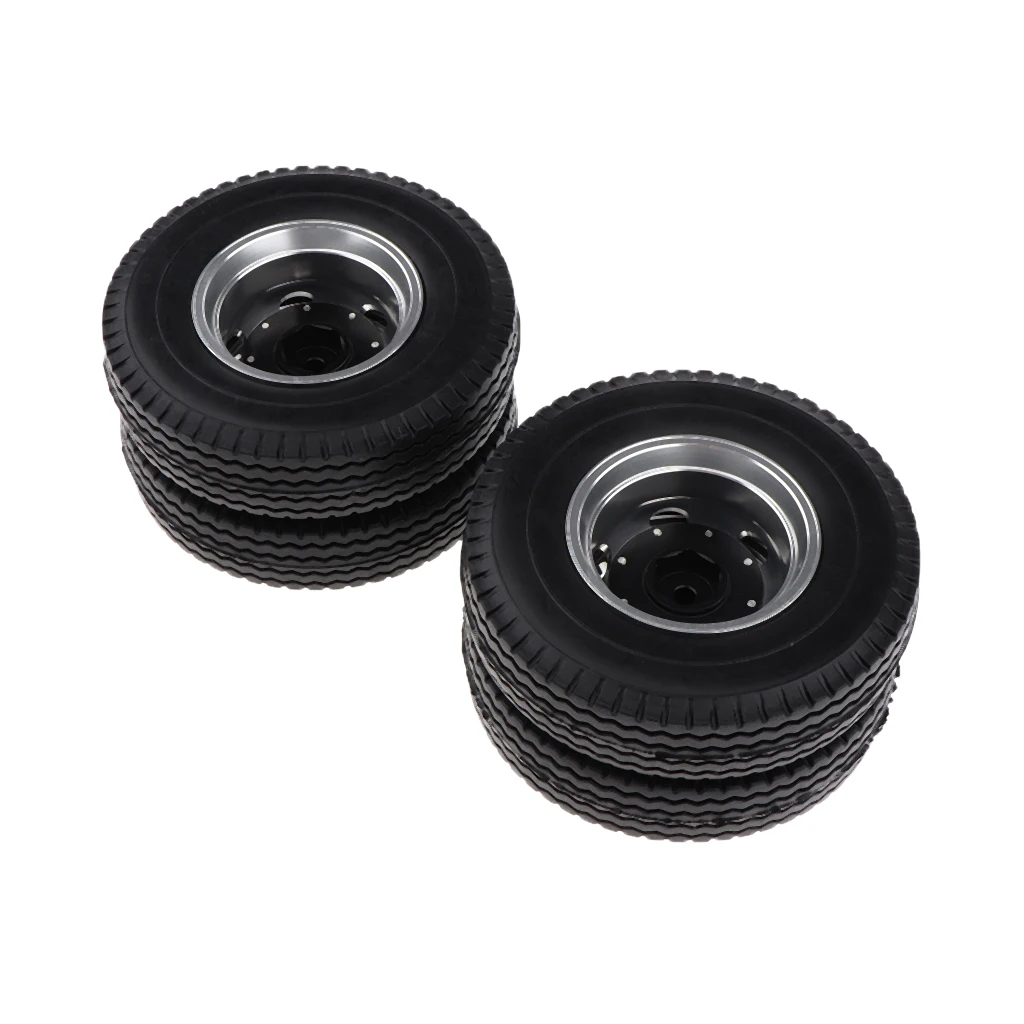 6PCS Machined Alloy Rear Front Hub Wheel Rim Type & Rubber Tire for 1/14 Scale Tractor Trucks RC Vehcile Vehicles Toy Parts