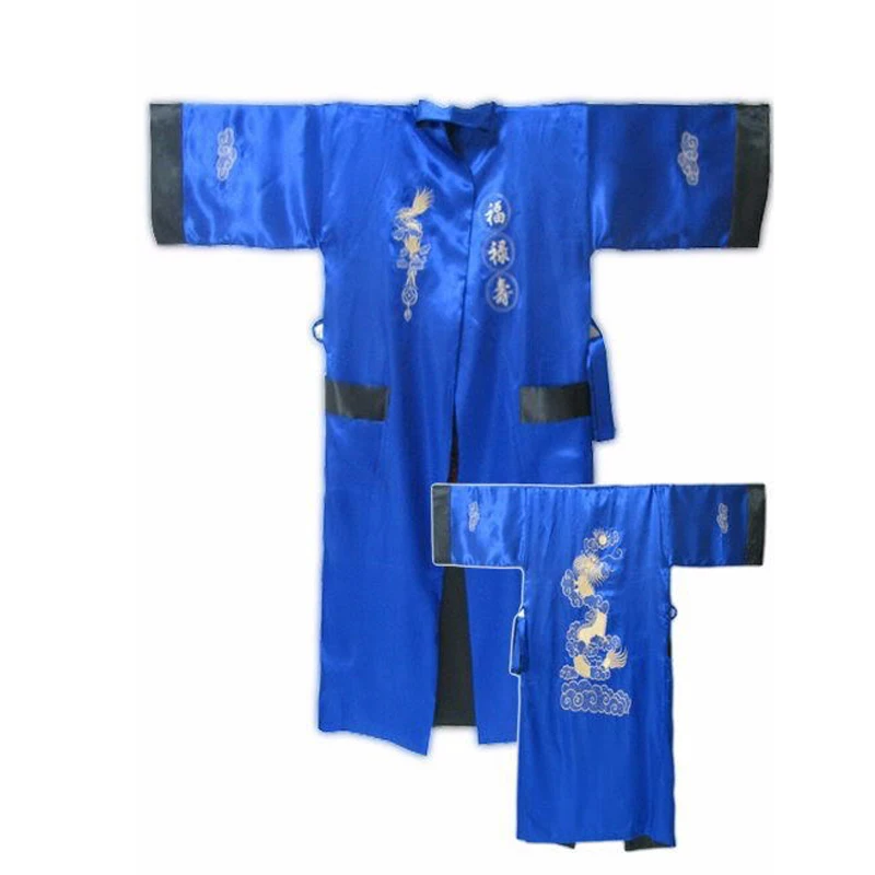 Blue/Black Chinese Men's Satin Silk Reversible Kimono Gown Robes Two
