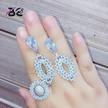 

Be 8 Newest Luxury Sparking Brilliant Cubic Zircon Clear Ring Earrings Wedding Bridal Jewelry Sets Dress Accessories S066