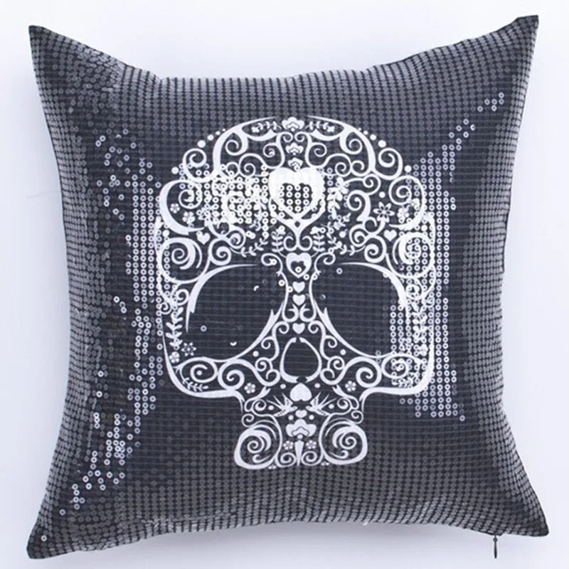 

White Cushion Skull Head Printed Decoration Cushion Reversible Sequin Cushion Cover Velvet Fabric Pillow Case