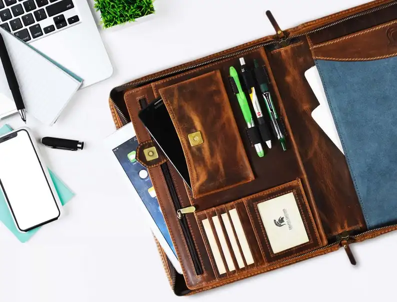

Genuine Leather Portfolio - Free Name Engraved Business Portfolio RFID Blocking- Personalized Portfolio Journal Gift Portfolio