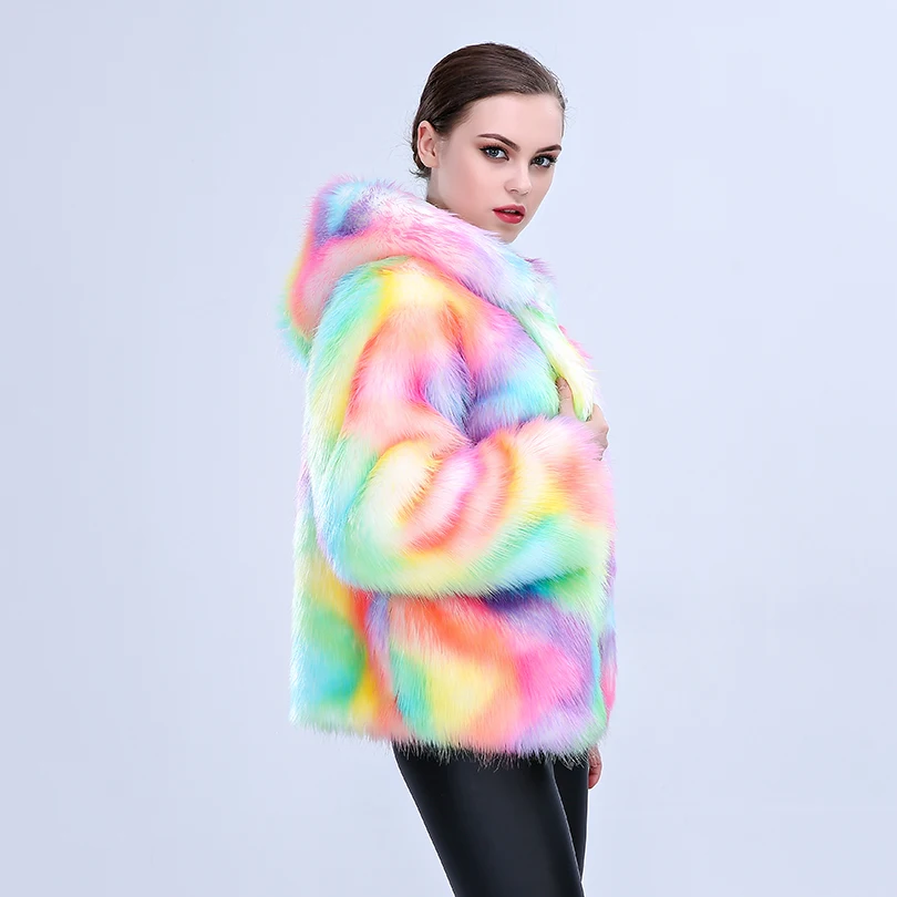 Capuche Multicolore Coloré Artificielle Nouvelles 2018 Avec Multi De Renard Femmes Manteaux Femelle Veste Mince Faux D'hiver Manteau Fourrure wvqxxCptPf