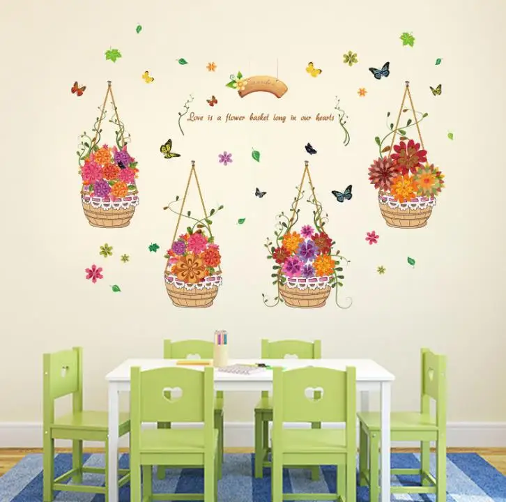 

garden plants wall stickers beautiful hand drawn flower basket butterfly bedroom living room diy removable decals