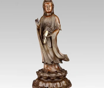 

China Tibet Standing Kwan-yin Guanyin Buddha Bronze Statue Hold Bottle