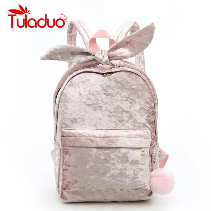 

Luxury Backpack Women School Bags for Teenage Girls Laptop Backpack with Fur Ball Velour Mochila Female Cute Bowknot Rucksack