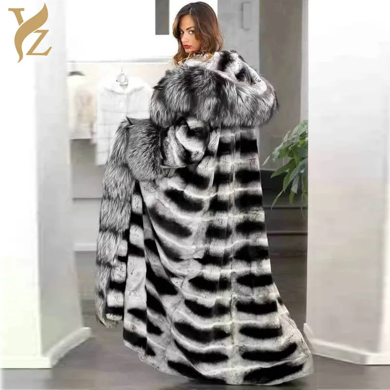 Новая мода Шиншилла рекс мех кролика пальто для женщин натуральный мех пальто X-long куртки теплые толстые пальто