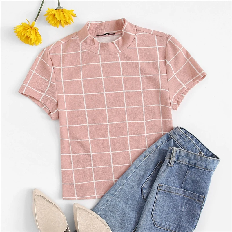 SweatyRocks футболка с воротником-стойкой, элегантная розовая клетчатая футболка, уличная летняя футболка, модные повседневные женские футболки с коротким рукавом