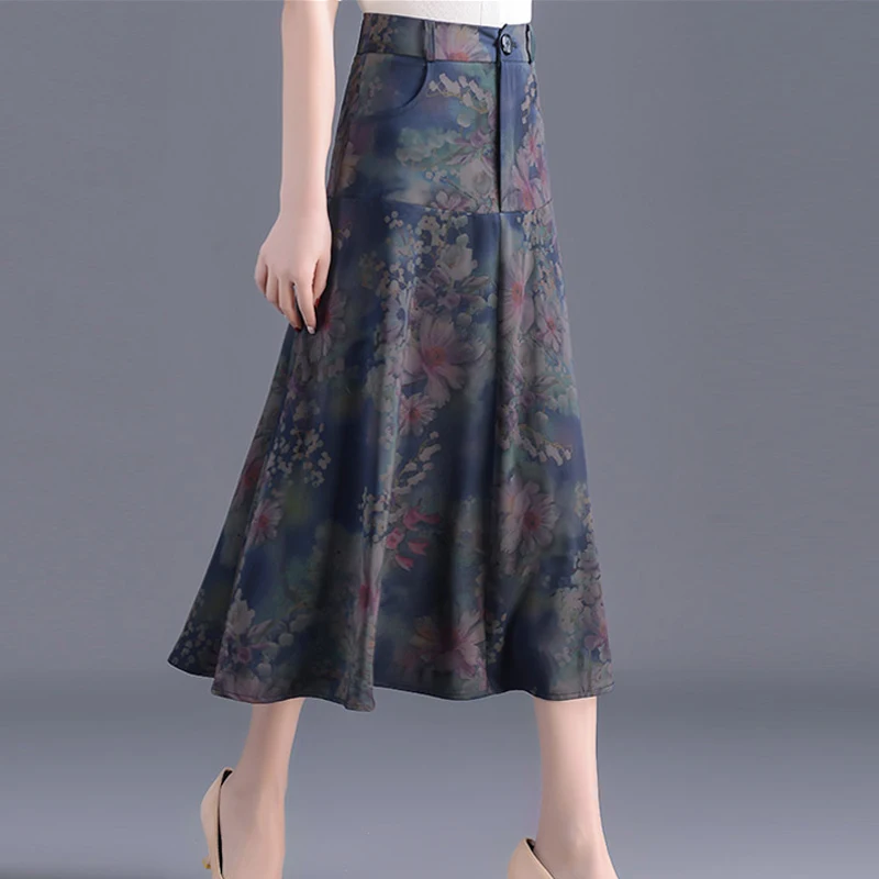 2019 Весенняя Повседневная Женская юбка с высокой талией 4xl с цветочным рисунком и оборками, осенняя Женская тонкая юбка 4xl 3xl с цветочным