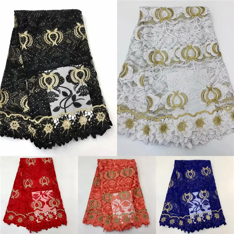 

Stones Net Lace Fabric 2019 Latest milk silk lace with gold embroidery nigerian tulle lace for party 5yds/pcs in 5colors ZR93-2