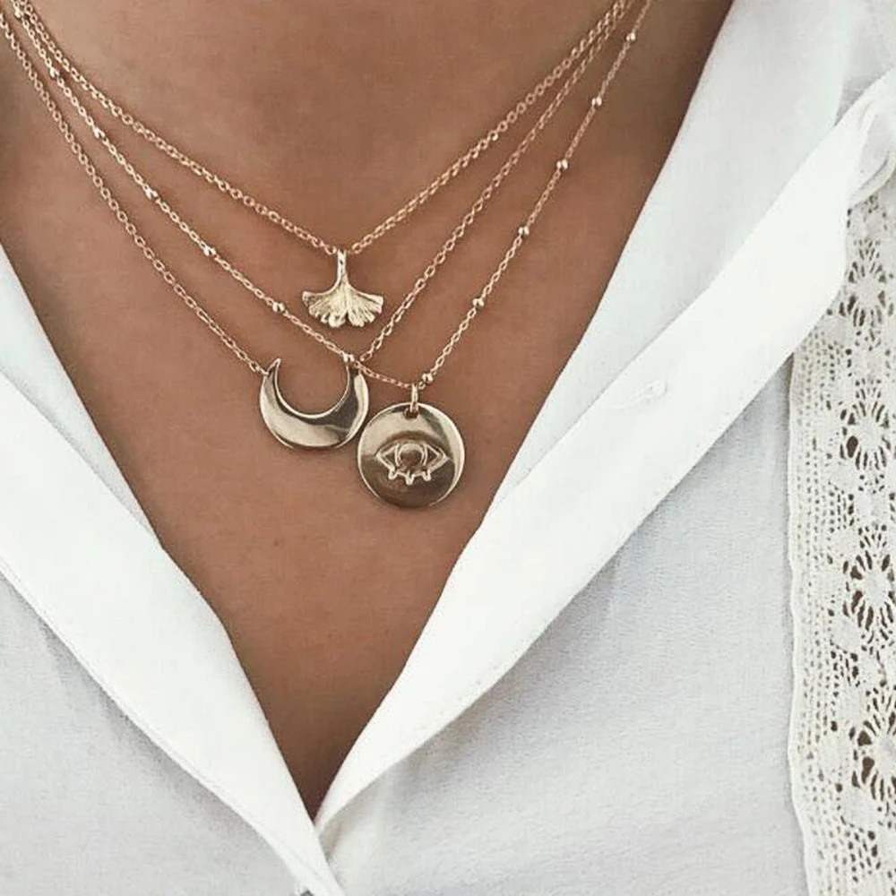 3 Pcs/Set Bohemian Retro Moon Disc Leaves Eyes Beaded Gold Multi-layer Necklace Set Party Wedding Jewelry Valentine Gift | Украшения и