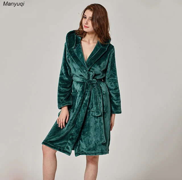 Winter women's bathrobe dark green mid length robe comfortable lounge