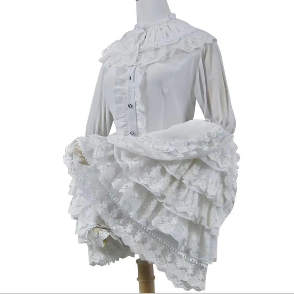 Весенне-осенняя винтажная блузка с длинными рукавами и расклешенными рукавами для женщин, кружевная рубашка с оборками и воротником