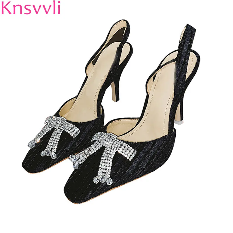 

Knsvvli New Black Corduroy Crystal Bowknot High Heels Women Pumps Square Toe Back Strap Summer Party Dress Shoes Woman