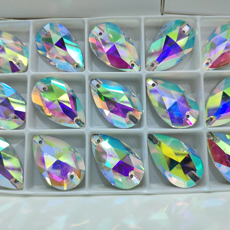 

17x28mm drop glass sew on rhinestone with two hole white color crystal stone beads flat back machine cut sew-on teardrop stones