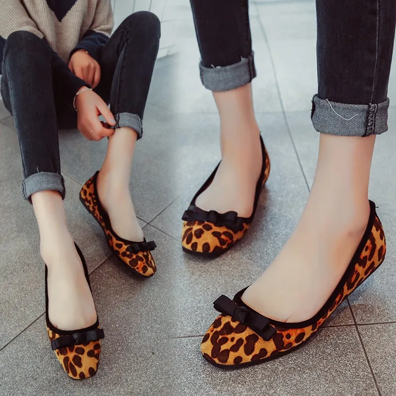 

Flats Leopard Print 2017 Spring Shallow Mouth Square Toe Flat Heel Shallow Mouth Drive Shoes Boat Shoes