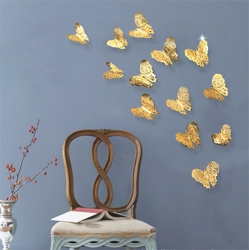 12pcs Gold Silver Butterflies Hollow Mirror 3D Wall Stickers Wedding DIY Birthday Home Decor Decoration Party Favors 62064