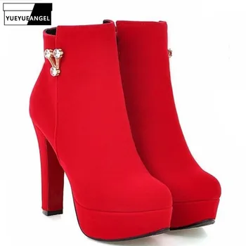 

Super High Heels Wedding Shoes Women Fashion Side Zip Round Toe Winter Ankle Boots Stiletto Platform Bottine Femme Plus Size