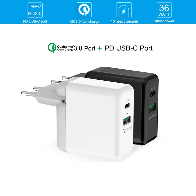 EYON 2 Ports 36W QC3.0+USB-C PD Fast Charger Type-C Travel Wall Quick Charger 3.0 For iPhone X 8 8 Plus SAMSUNG S9 S8+ Note 8 (2)