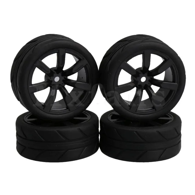 Cheap Mxfans Black Large Square Pattern Rubber Tyres + 7 Spoke Plastic Wheel Rims for RC 1:10 On-road Racing Car Pack of 4