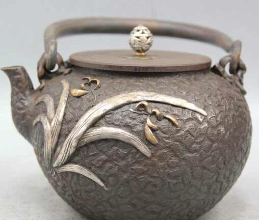 

JP S0524 9" Archaic Japanese Iron Silver Palace orchid orchis Kettle Wine Tea Pot Flagon