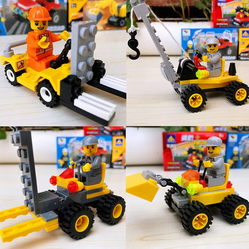 

Mini Construction Vehicle Bulldozer Forklift Crane model building Blocks Engineering Series figure toys Children's Gift