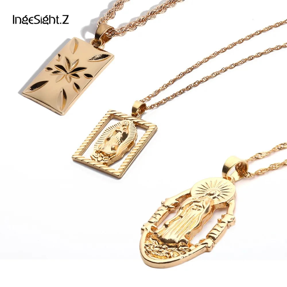 

IngeSight.Z Personalized Statement Hollow Virgin Mary Pendant Necklace Women Fashion Sweater Chain Jewelry Choker Female Gifts