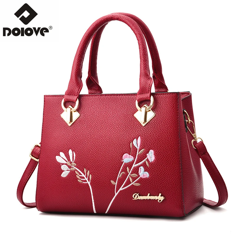 

DOLOVE 2019 Fashion New Style Women's Bag, Embroidery PU Leather Messenger Bag, One Shoulder Diagonal Handbag