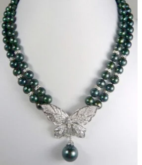 

bjc 000845 2 Rows Genuine Black Pearl White Gold Plated Crystal Butterfly Pendant Necklace