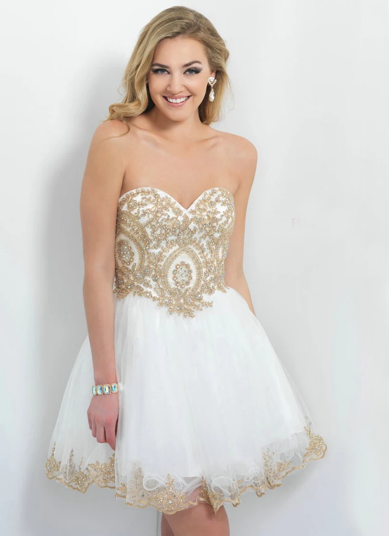 White Gold Cocktail Dresses Lace Organza Elegant Homecoming Dresses 2015 Sweetheart Navy Blue