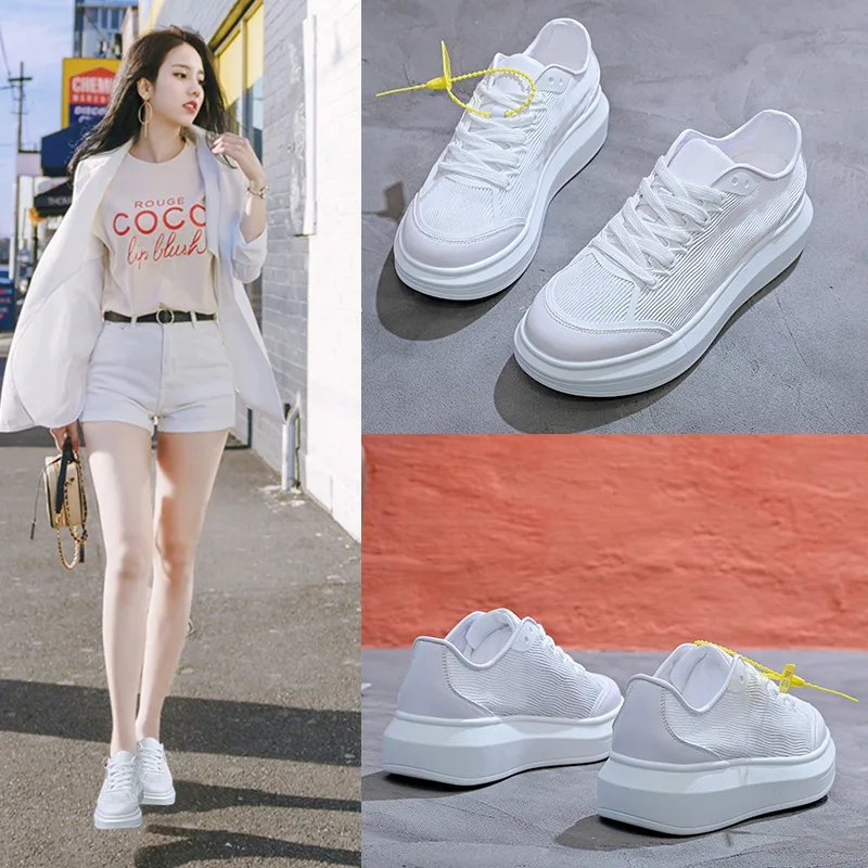 

2019 the new summer white shoes thick soles sports fashion 100 breathable hollowed-out inside to increase the shoes girl