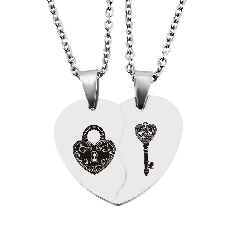 

Fashion Stainless Steel Love Necklaces Jewelry Valentines Day Gift 2PCs Half Heart Carved Key Lock Necklaces & Pendants