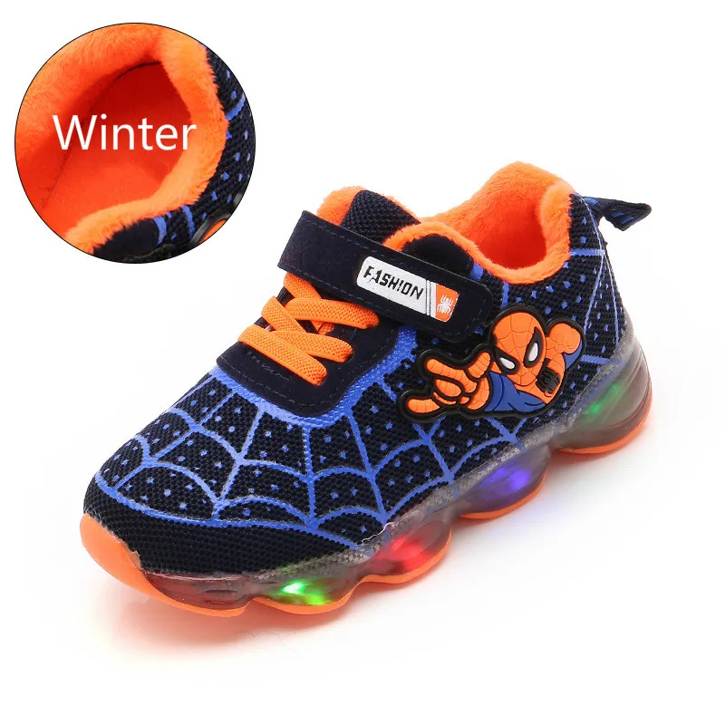 Новинка; сезон весна-зима; детская обувь «Человек-паук»; обувь для мальчиков; Светодиодный светильник; Детские светящиеся кроссовки; нескользящая обувь для маленьких девочек - Цвет: Blue Autumn Winter