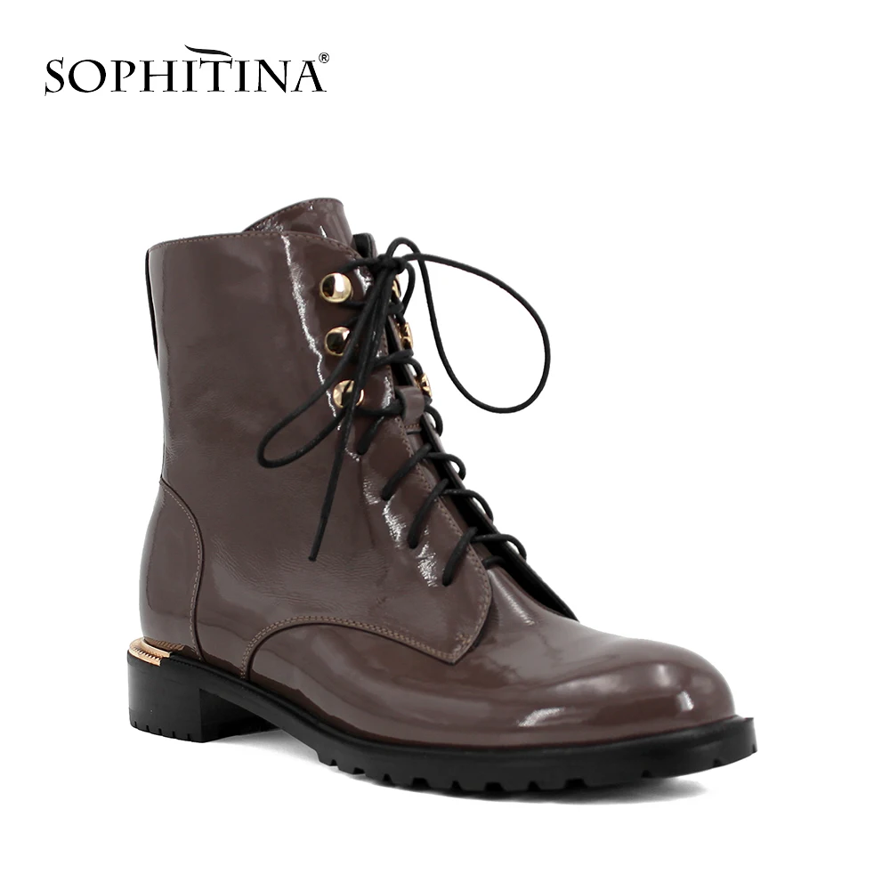 

SOPHITINA 2019 Cross-tied Square Heels Boots Basic Round Toe Solid Patent Leather Shoes Handmade With Short Plush For Women B04