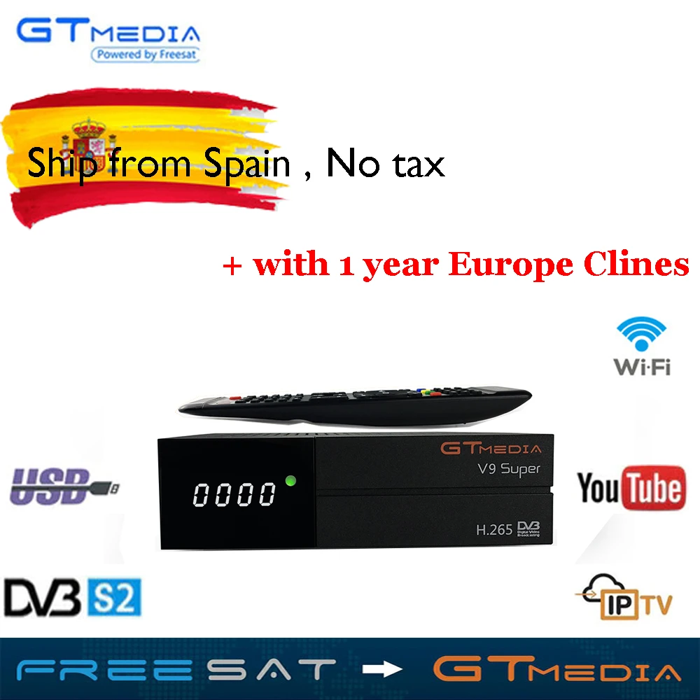

Satellite TV Receiver Gtmedia V9 Super Power by freesat DVB-S2 Built-in WIFI 1 year 6lines Europe CCcam as a gift Support TV Box