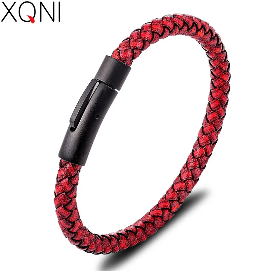 

XQNI Simple Style Black Stainless Steel Button Retro Leather Men's Bracelet Multi-color And Size Selection For Handsome Boy Gift