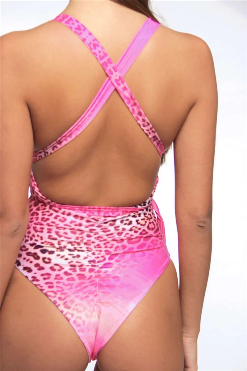 Сексуальный розовый Леопардовый купальник, Женский Бандаж, монокини, пуш-ап, одежда для плавания,, бразильский купальник с открытой спиной, цельный костюм