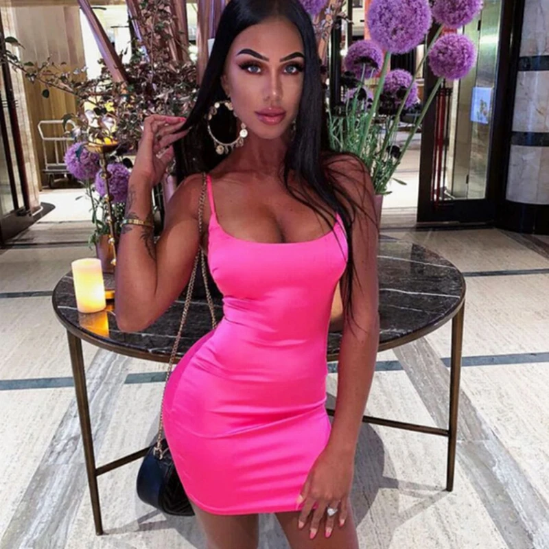 

Colysmo Stretch Satin Mini Dress Women Sexy Straps Slim Fit Bodycon Party Dress Neon Green Pink Dress Dual-layered Robe Femme