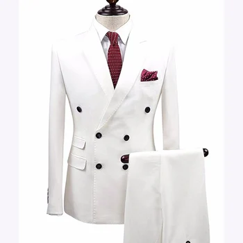 

White 2 pieces Men Suits Double Breasted Groom Terno Masculino smoking slim fit Mens Wedding Suit Blazer Tuxedo jacket+Pants