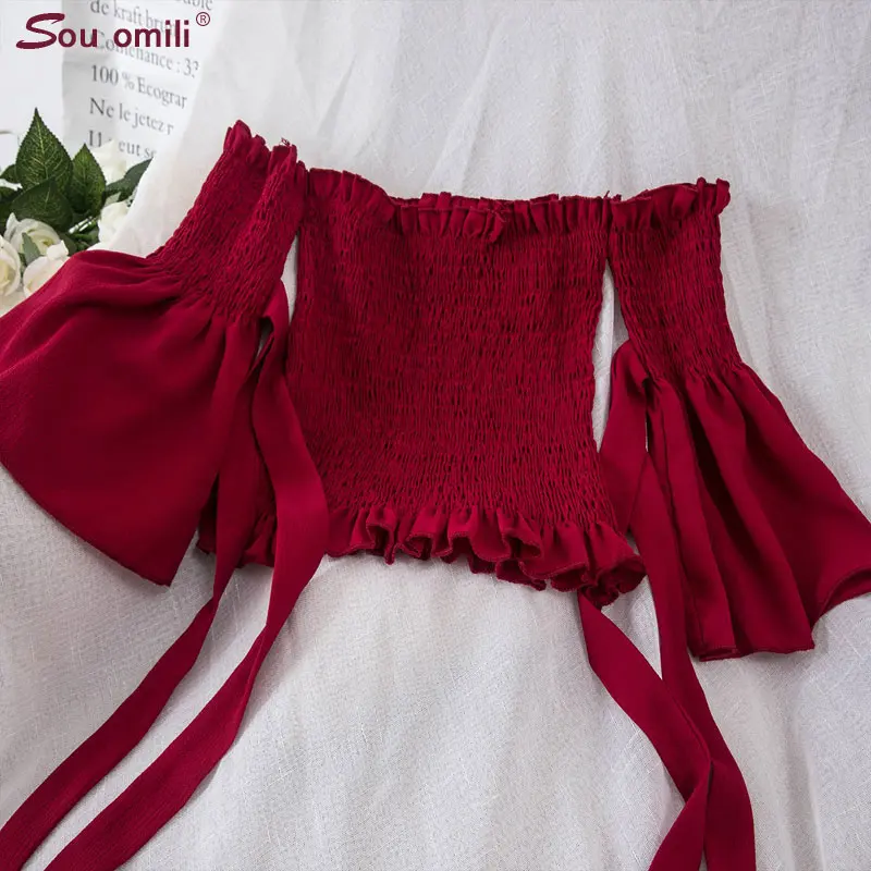 

Flare Sleeve Pleated Tshirt Frill t Shirt Slash Neck Off Shoulder Women Bow Tops Female t-shirt camiseta mujer Clothes