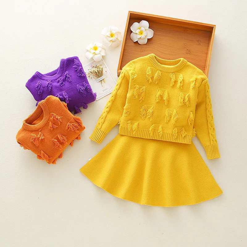

New Fashion Girls Clothing Set Sweater Top + Dress 2pcs for Baby Girl Clothes Children Suits Kids Autumn Knitted Outerwear CA371