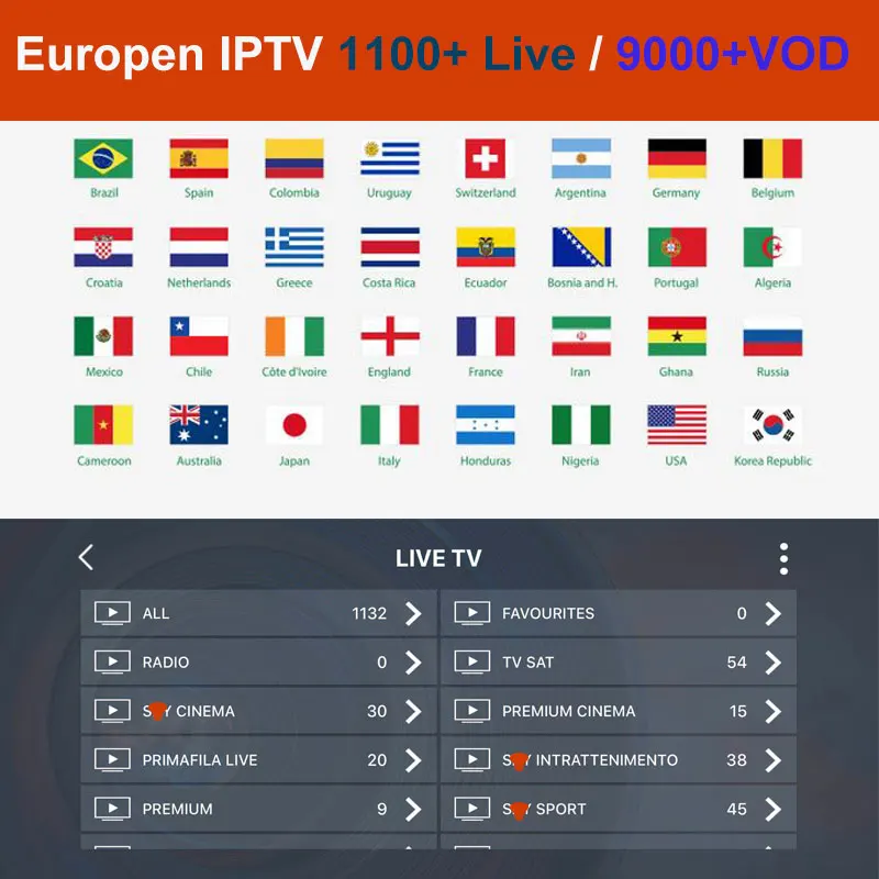 Европа IPTV Германия французский 1100 + live Free VOD Поддержка Android m3u enigma2 mag250 9000 Vod |