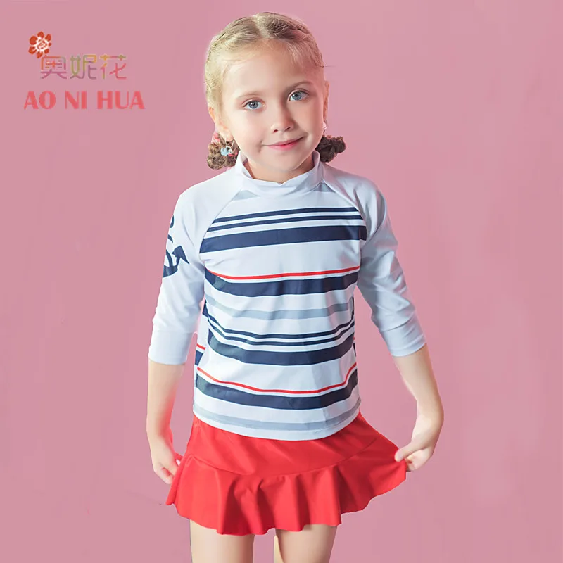 

AONIHUA Designer 2017 New Colorful Striped Two piece Swimsuit for Girls kids swimwear summer Children long sleeve bathing suit
