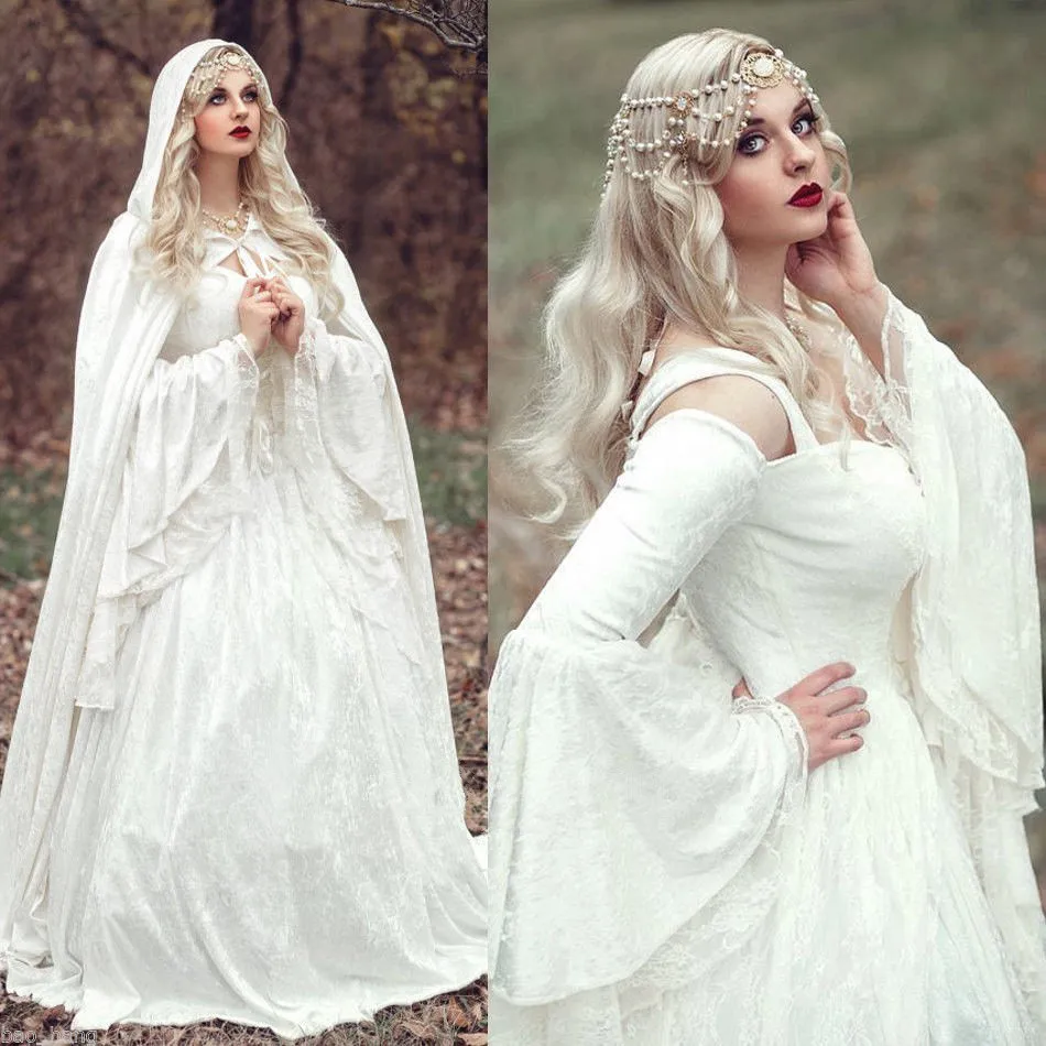 MZYCH04 Vintage Renaissance White Wedding Dress Celtic Medieval Bell ...