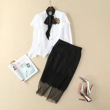 European and American women’s wear in 2018 The new spring clothing Long sleeve lace embroidered shirt Skirt suits