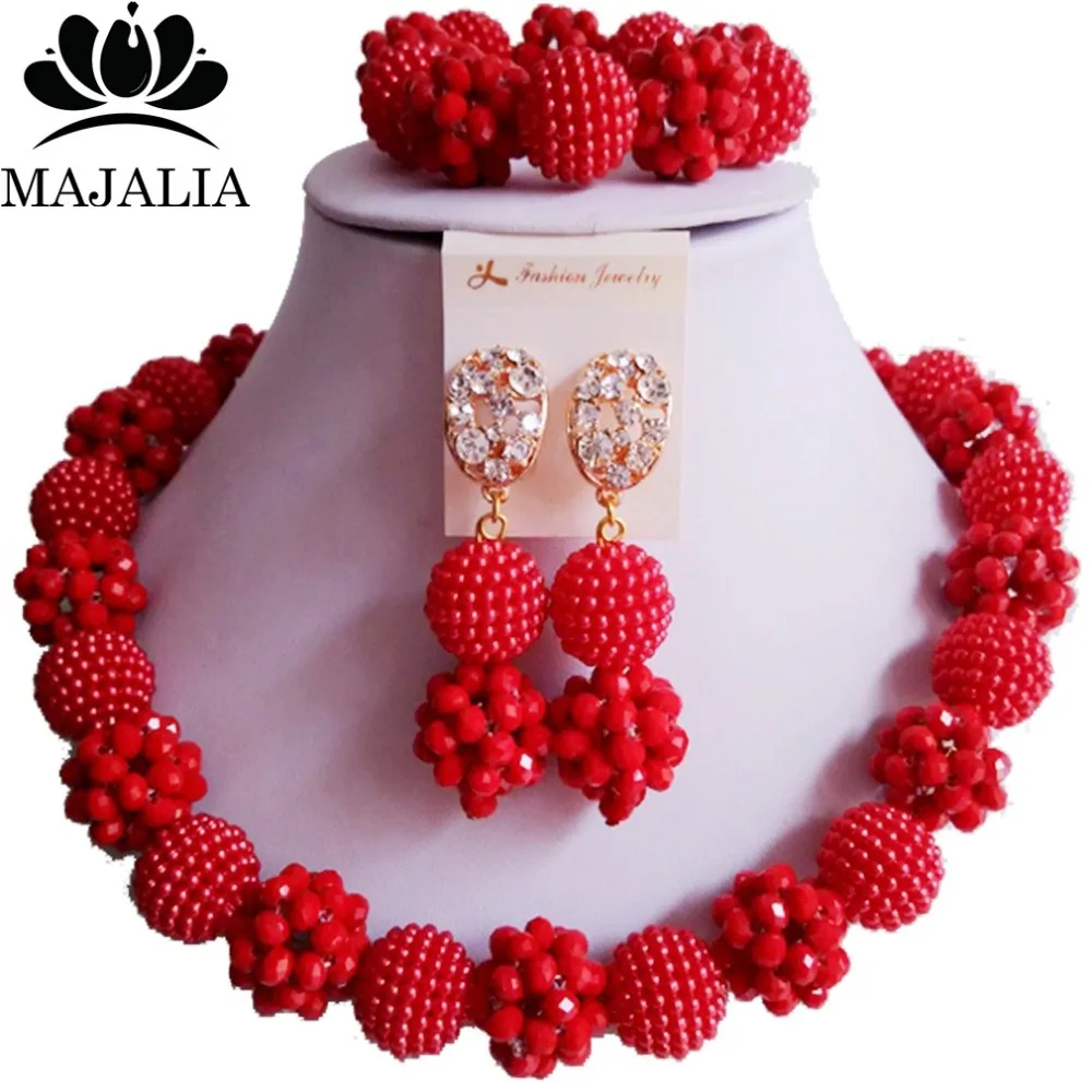 

Fashion Nigeria Wedding african beads jewelry set red Crystal Plastic pearl necklace Bridal Jewelry Sets Free shipping YJ-058