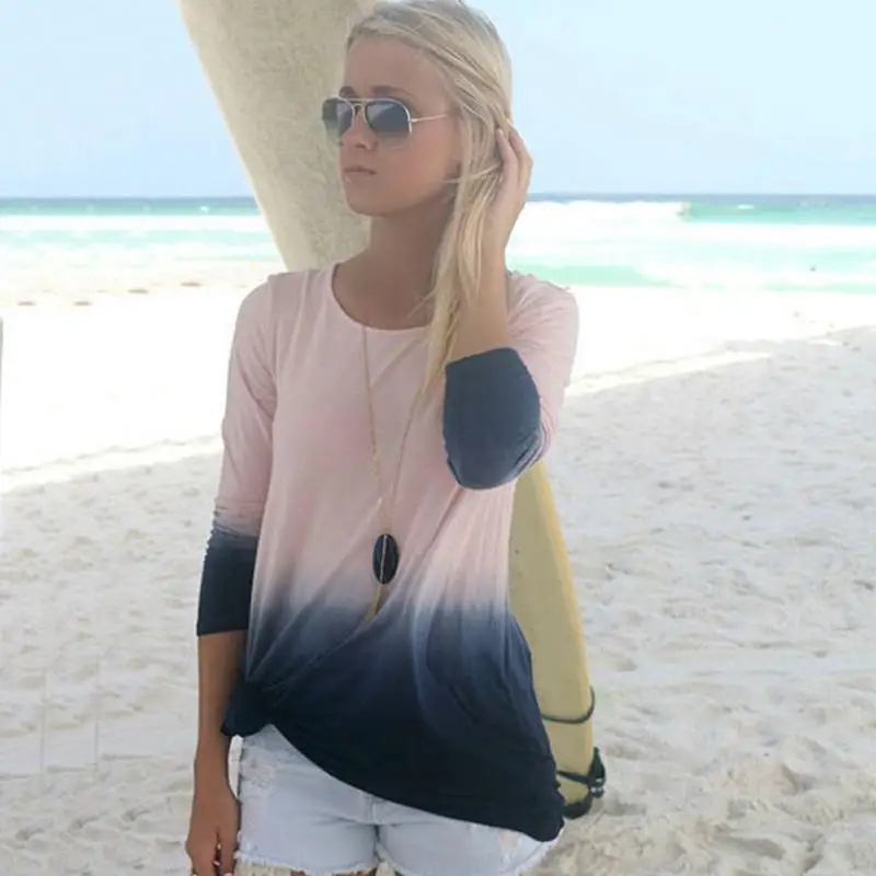 

Summer Autumn T shirts Women Gradient Color Long Sleeve O Neck Cotton Tops Tee Casual Loose Plus Size T-Shirt