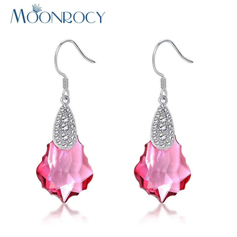 

MOONROCY Silver Color Jewelry Wholesale Heart Shape Green Yellow Red Blue Crystal Drop Earring Hook for OL Women Girls Gift