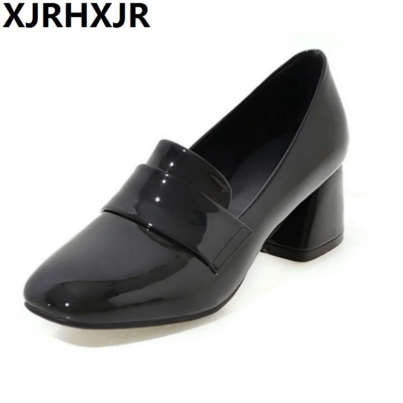 

4 Colors Size 33-43 Lady High Heels Pumps Square Toe Patent Leather Thick High Heeled Shoes Women Candy Colors Footwears